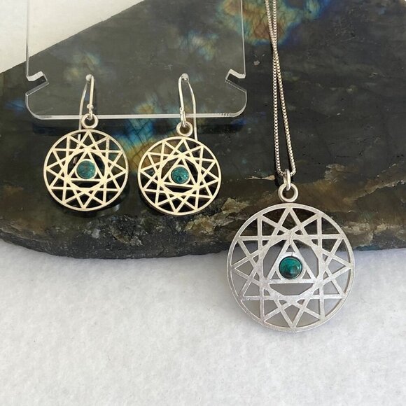 Sterling Silver Openwork Round Mandala Trinity Star Chrysocolla Dangle Earrings - Picture 11 of 16